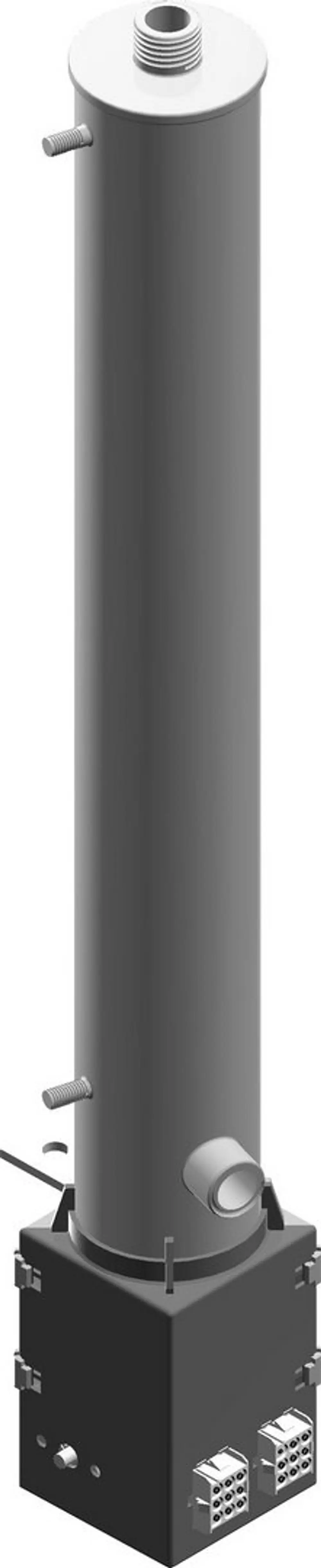 BOSCH Elektroheizung mit zylindrischem Design, oberem Anschluss und seitlichen Kontakten, montiert auf einem quadratischen Sockel.